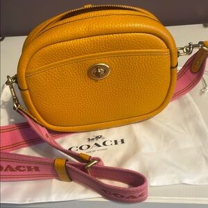 Coach Yellow Crossbody Bag with Pink Strap